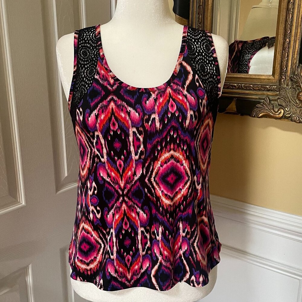 Copper Key Top Size L fits as M/L Black Mesh Pink Purple Sleeveless Rounded Hem